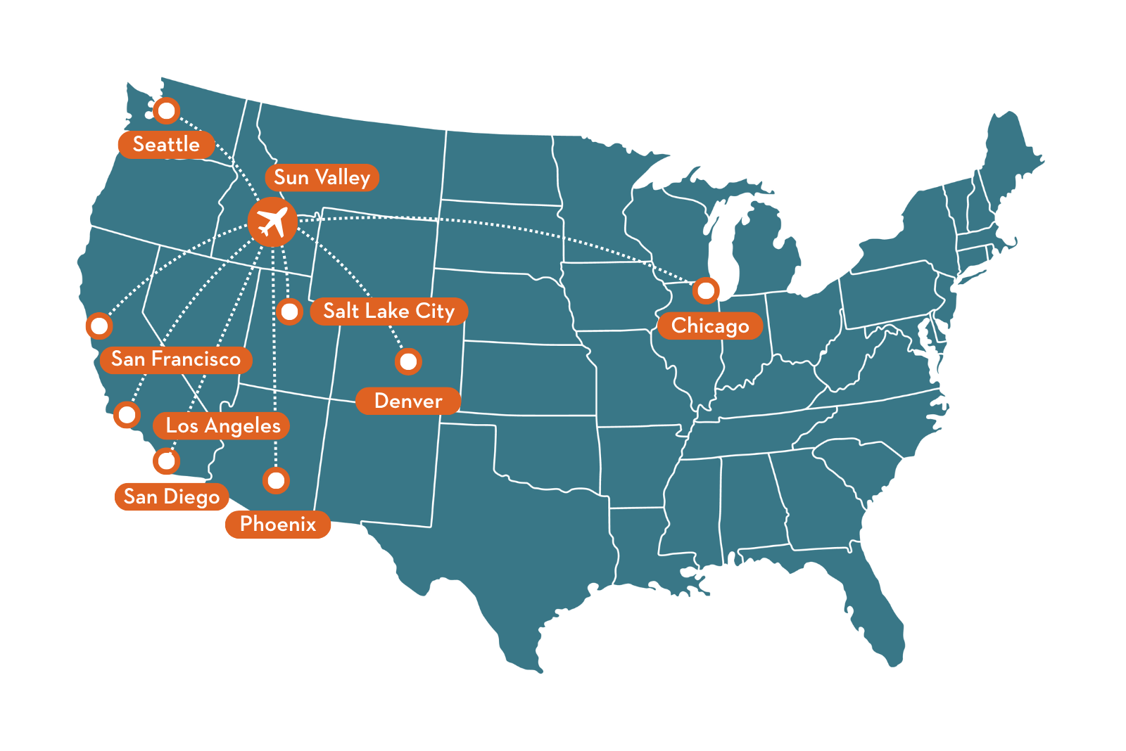 a map of the united states with orange labels